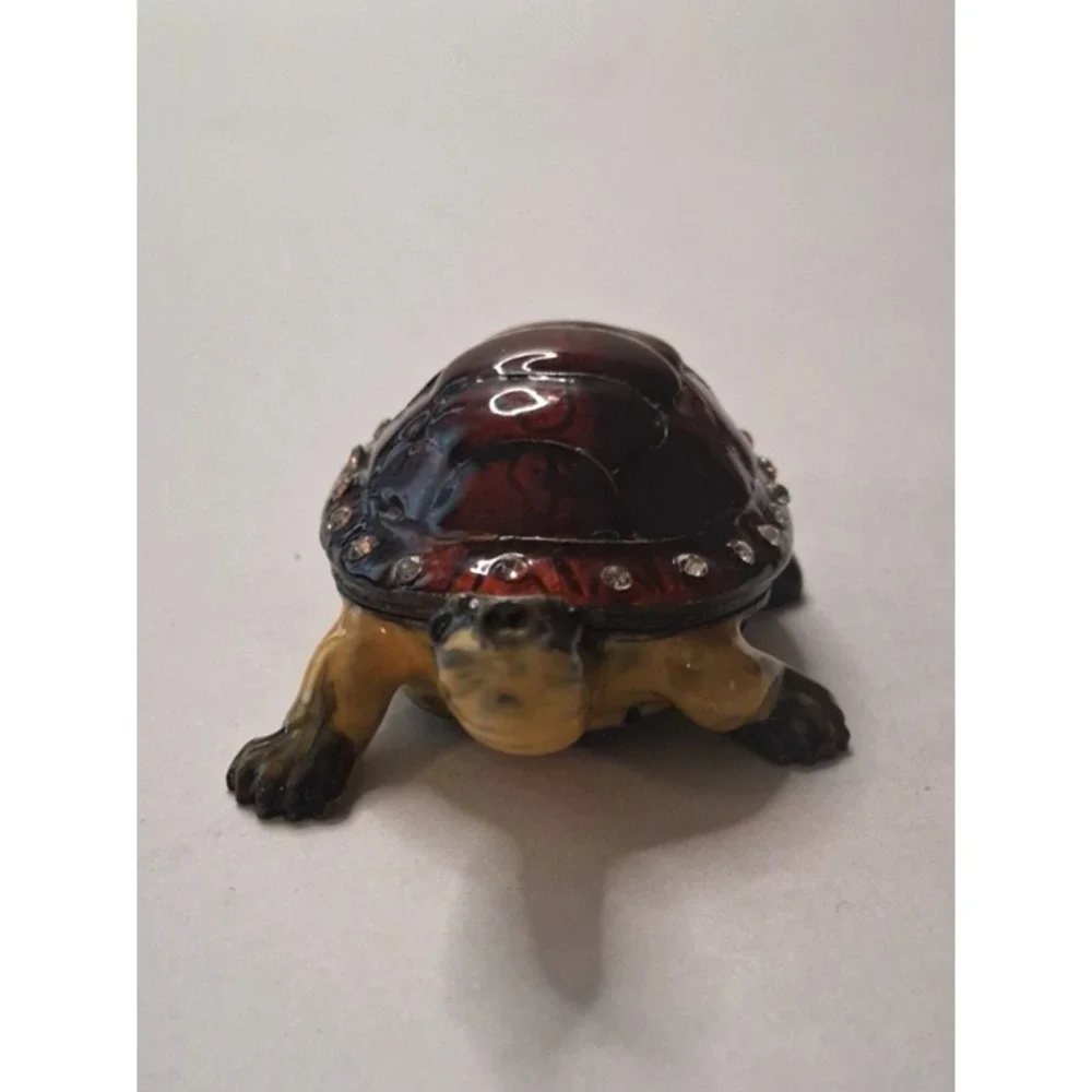 Metal Brass Enameled Turtle Trinket Box with Rhinestones Hinged Shell Lid Nice!
